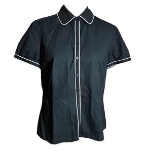 Ann Taylor Black Cotton Short Sleeve Button Top with White Contrast Trim Size 12